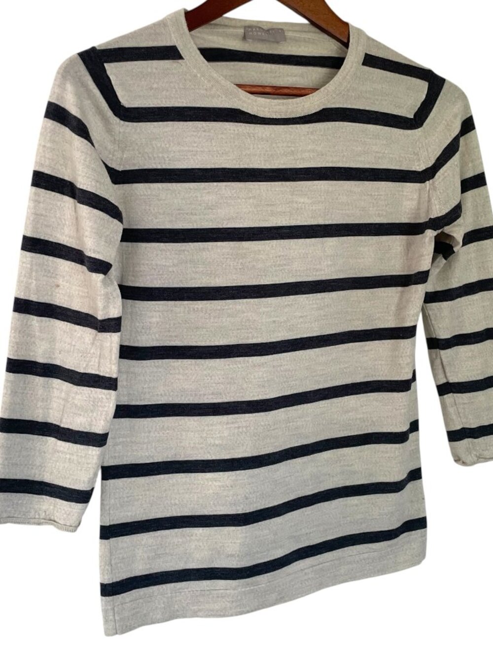 Margaret Howell Crew Neck Sweater Sz 12 Gray Navy Blue Striped 100% Merino Wool